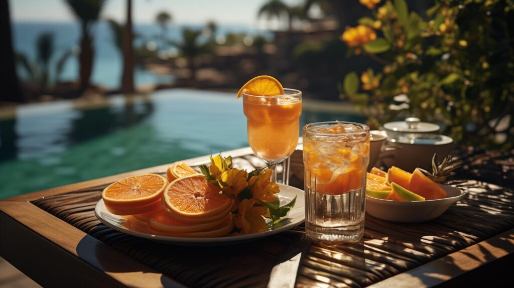 Breakfast in swimming pool, floating breakfast in luxurious tropical resort. Table relaxing on calm pool water, healthy breakfast and fruit plate by resort pool. Free Photo