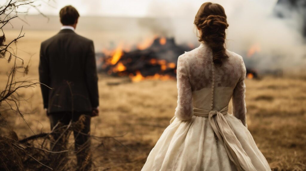 Bride and groom on the background of a bonfire in the field. Free Photo