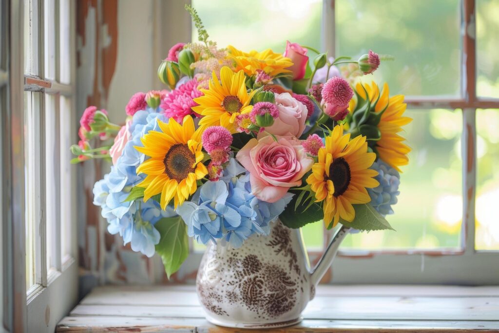 Bright Sunflower and Hydrangea Bouquet by Window Free Photo