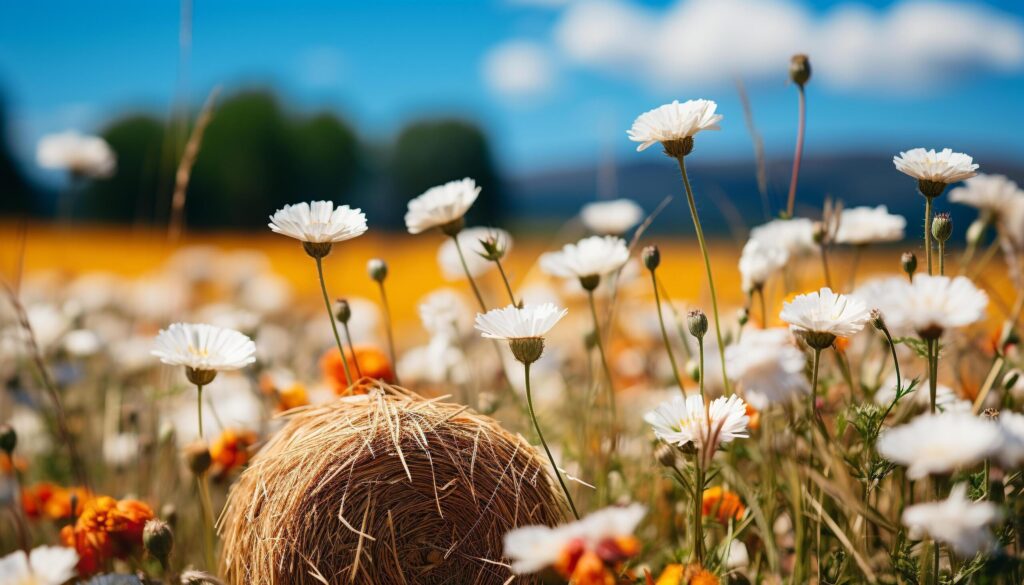 Bright yellow daisy blossoms in a tranquil meadow generated by AI Free Photo