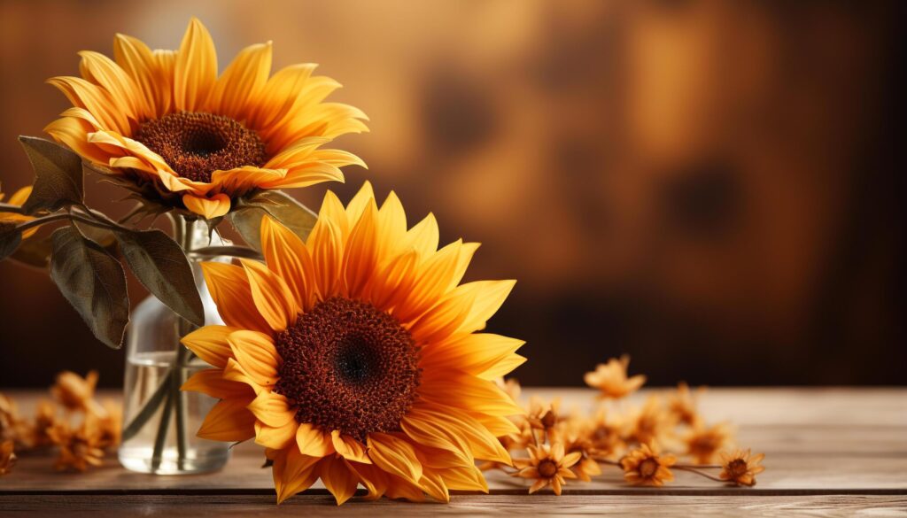 Bright yellow sunflower in a rustic wooden vase generated by AI Free Photo