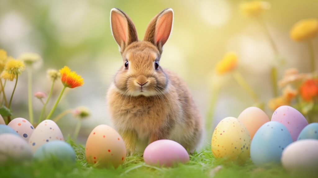 Brown rabbit with colored eggs in a blurry background. Free Photo