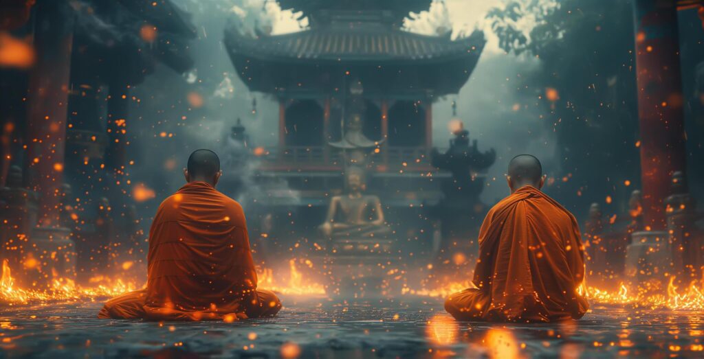 Buddhist monks engaging near serene Buddha statue. Generative Ai. Free Photo