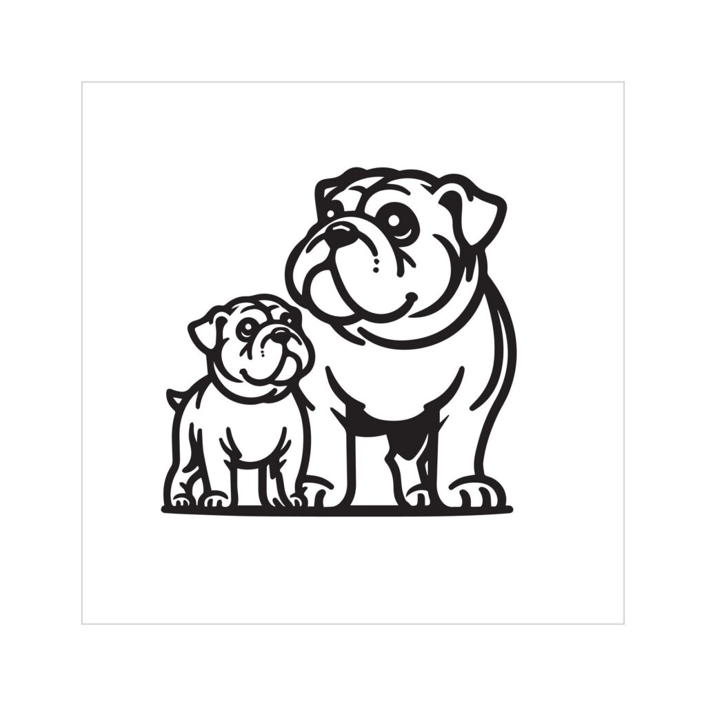 Bulldog Dog Family Clipart illustration in Black and white Free Vector