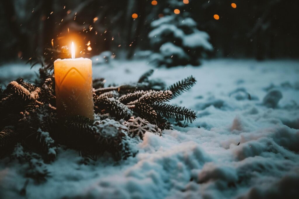 Burning candle in the snow. Christmas and New Year background. Free Photo