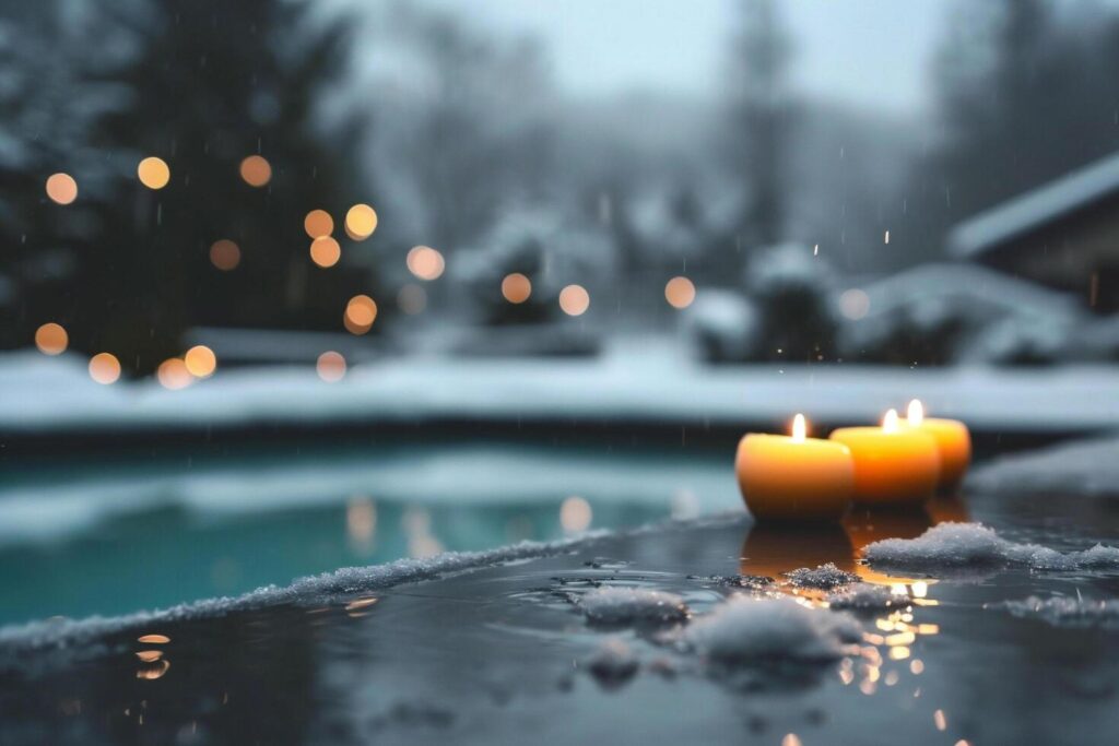 AI generated Burning candles in the snow on a background of a winter landscape Stock Free