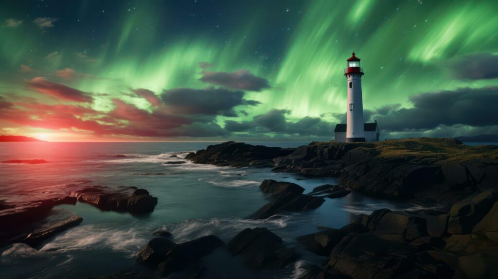 Burning lighthouse and northern Lights in the sky. Generative AI Free Photo