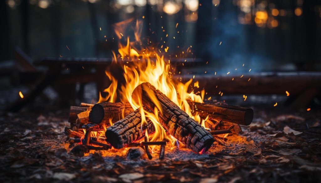 Burning wood ignites campfire, glowing ember lights dark night generated by AI Free Photo