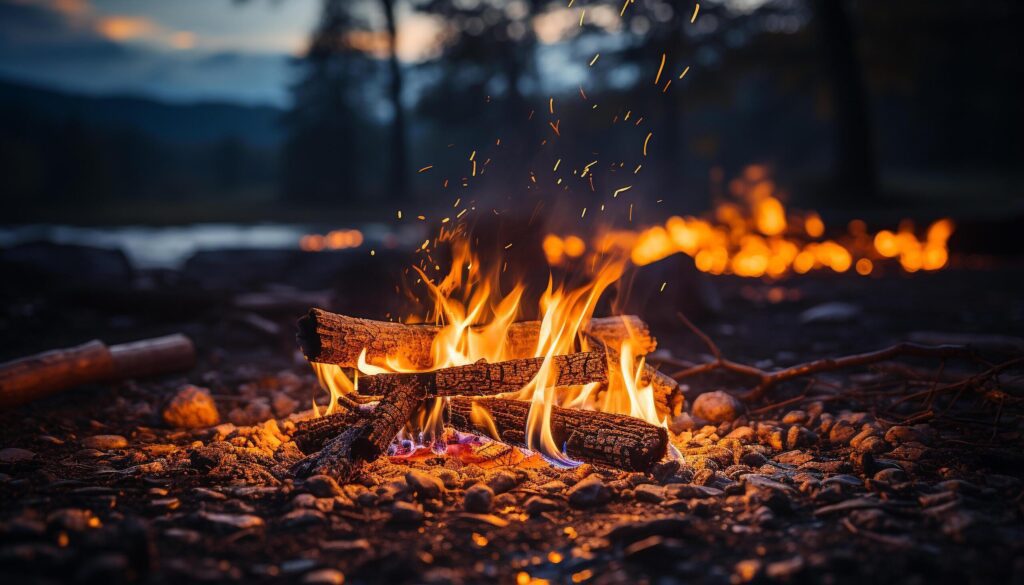 Burning wood ignites campfire, glowing ember warms nature beauty generated by AI Free Photo