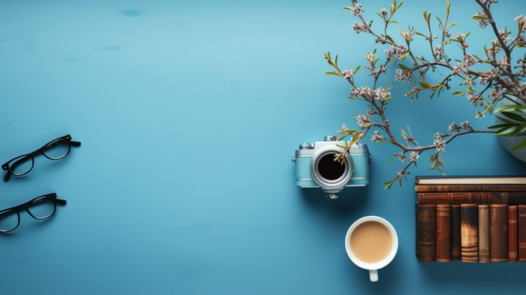 Business concept, relaxation in working time, drinking coffee taking a break on clean light blue office table, copy space, flat lay, top view. Free Photo