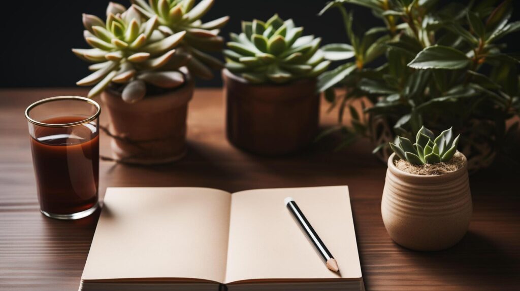 AI generated Business concept. Top view of empty notebook, laptop, cup of coffee, succulent plant ans eyeglasses over light desk. Stock Free