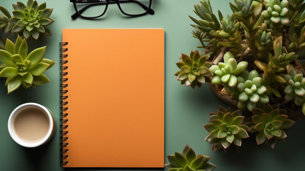 Business concept. Top view of empty notebook, laptop, cup of coffee, succulent plant ans eyeglasses over light desk. Free Photo