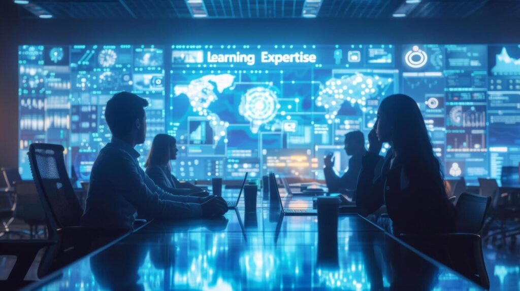 AI generated Business experts engage in a discussion, surrounded by machine learning models and algorithms Stock Free