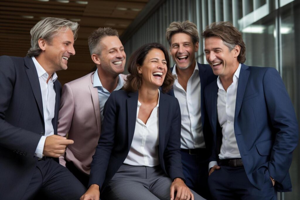 AI generated business teamwork smiling in the office bokeh style background with Generated AI Stock Free