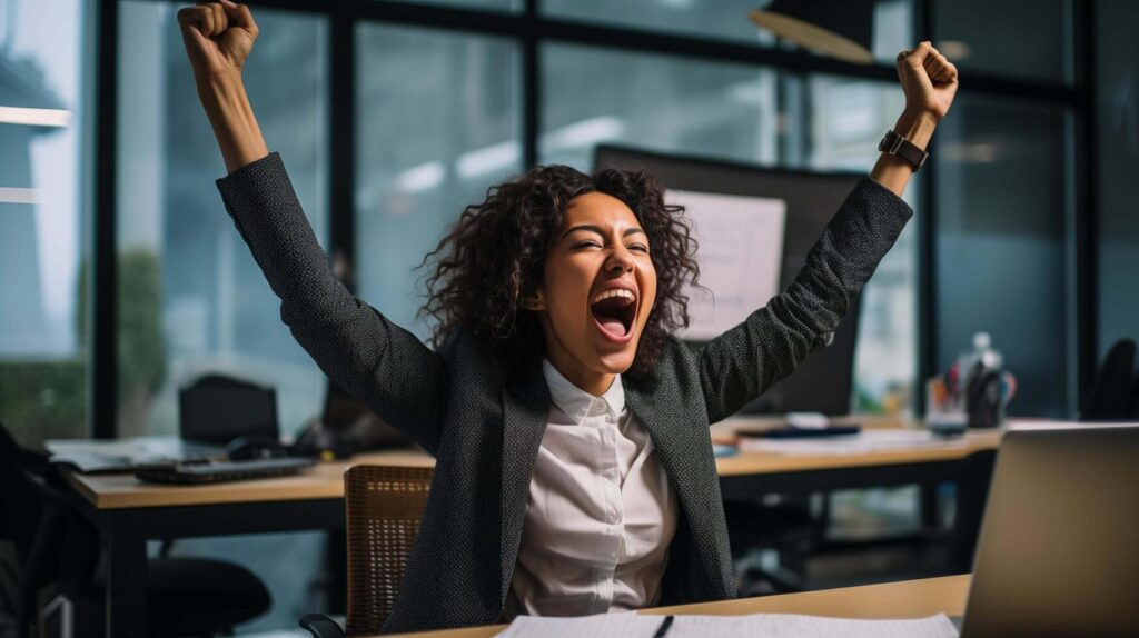 AI generated business woman raises her arms in victory Stock Free