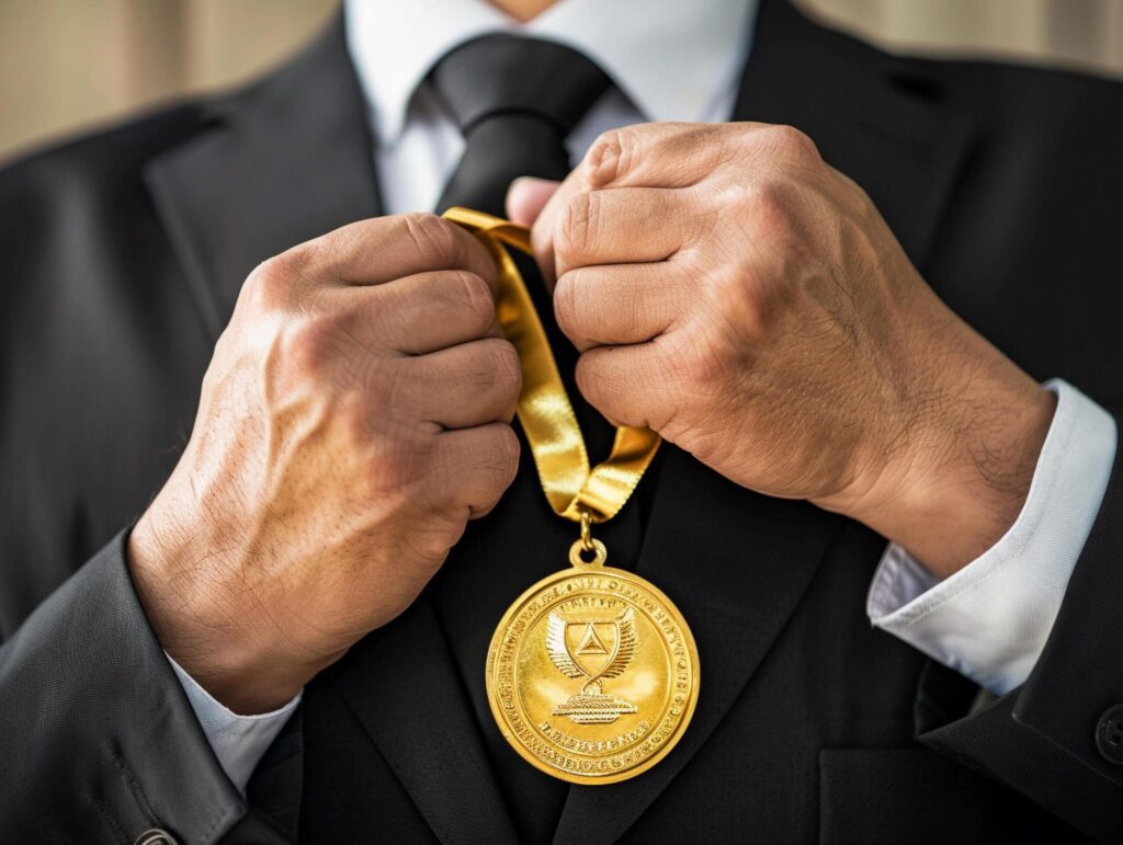 businessman holding a gold medal in black suit. Free Photo