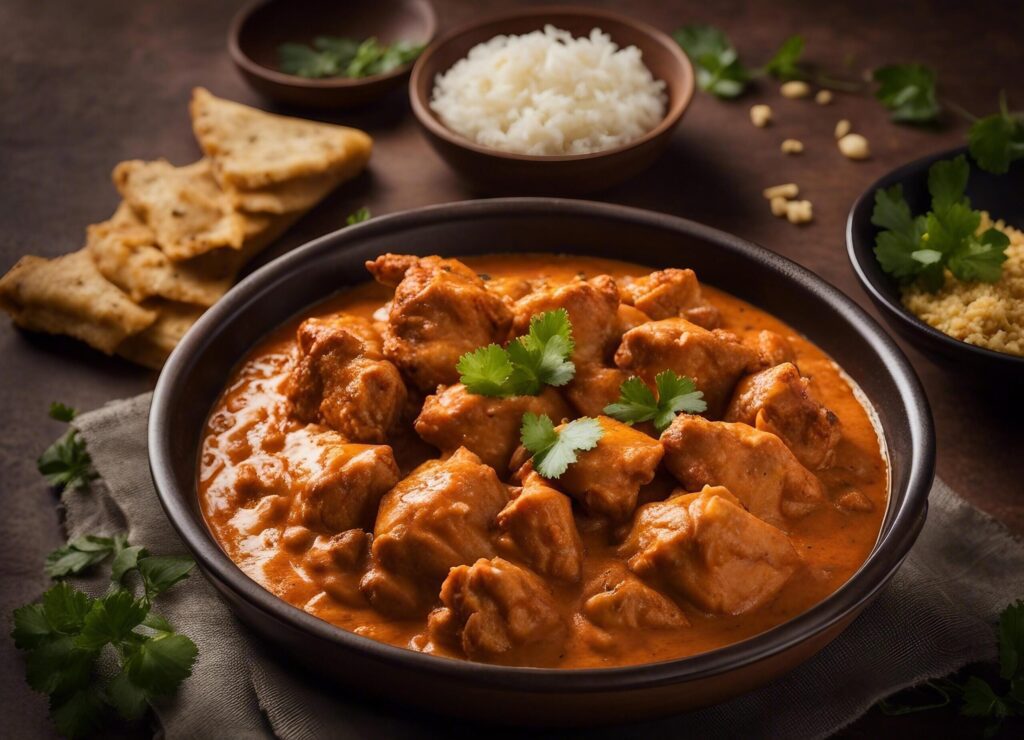 Butter chicken in clay bowl with rice and garnishes Free Photo