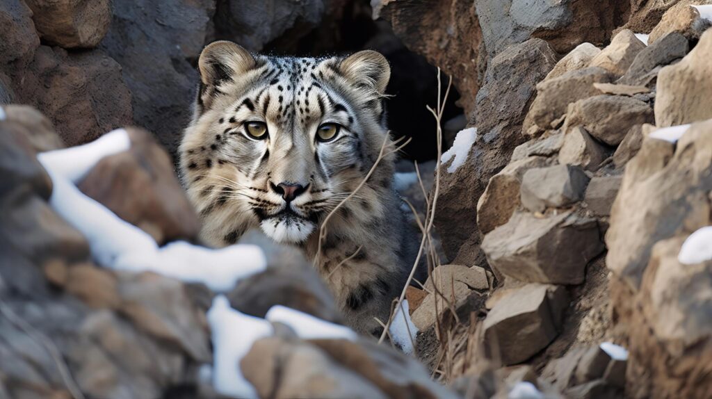 Camouflaged snow leopard in rocky landscape with sky Free Photo