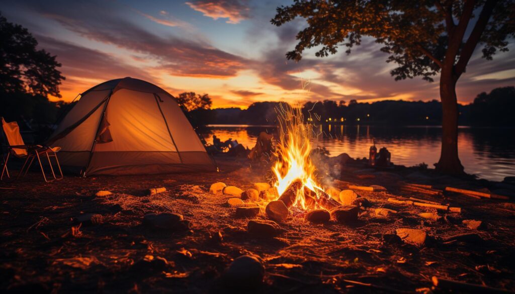 Camping in nature, flame glow, tranquil scene, glowing sunset generated by AI Free Photo