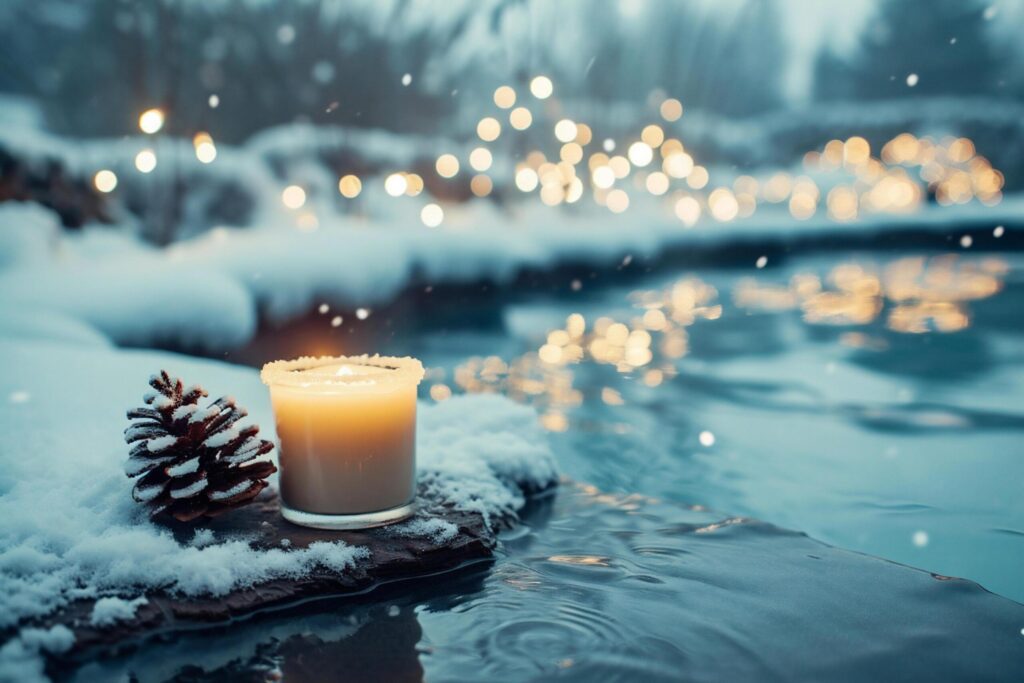 Candle on the background of a winter landscape with snow and bokeh Free Photo