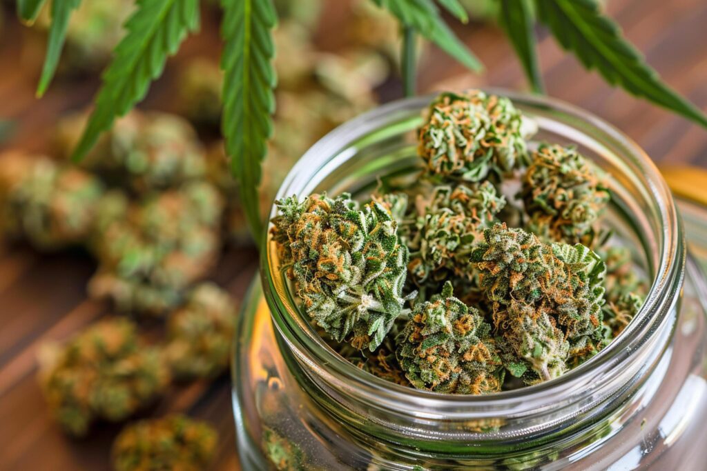 Cannabis Buds in Jar Closeup with Fresh Leaves Free Photo