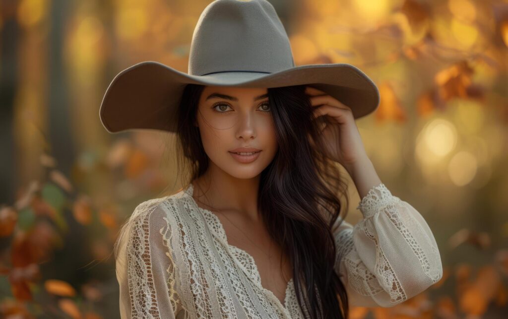 Captured in a golden autumn glow, a woman with olive-toned skin and long, dark hair smiles subtly Free Photo