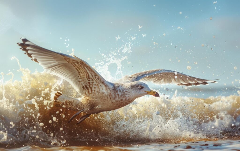 Capturing the dynamic movement of a seagull taking flight Free Photo