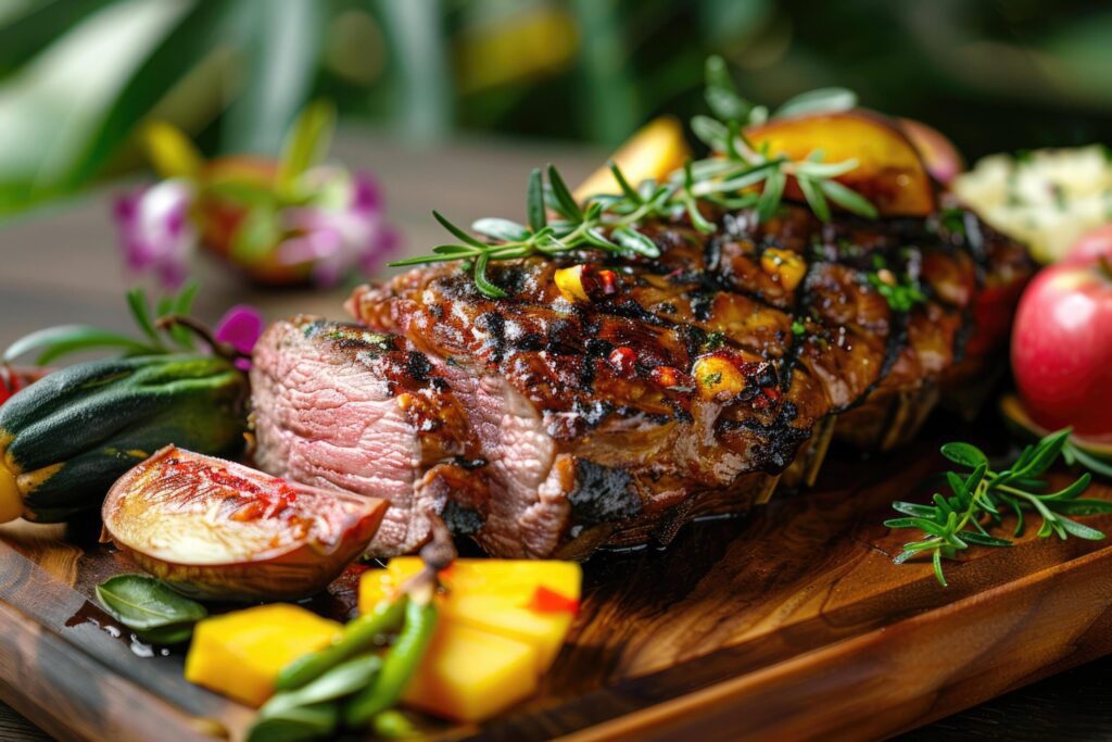 Caribbean roast meat with tropical fruits, tropical leaves and flowers, space for text Free Photo