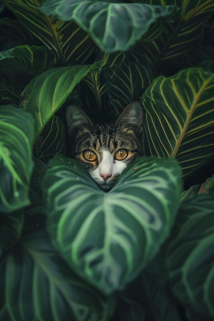 cat peering through large, vibrant dark green leaves. Ai generated Free Photo