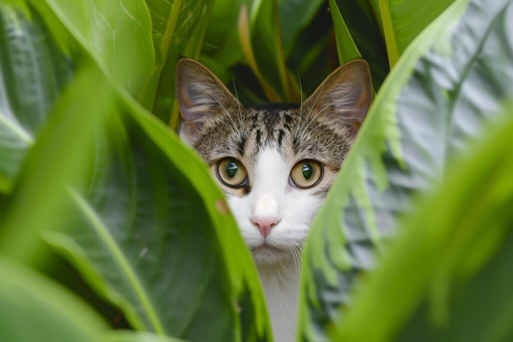 cat peering through large, vibrant green leaves Ai generated Free Photo