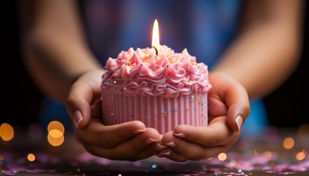 Celebration of love sweet cupcake, burning candle, joyful hand generated by AI Free Photo