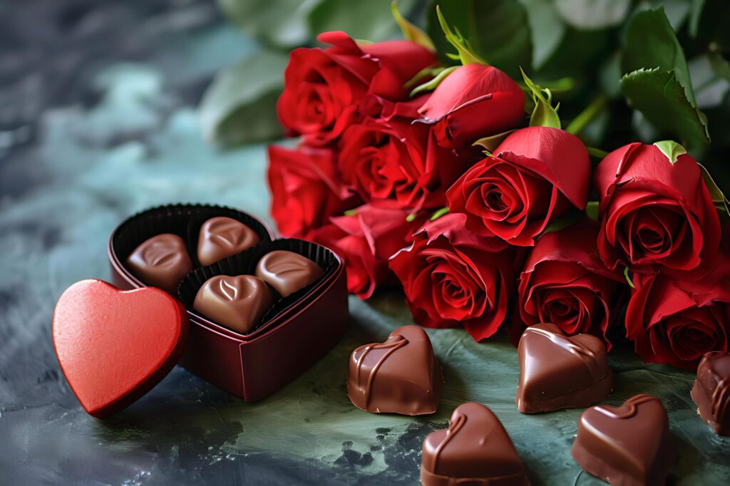 Celebration style of Valentine day roses and chocolate Free Photo