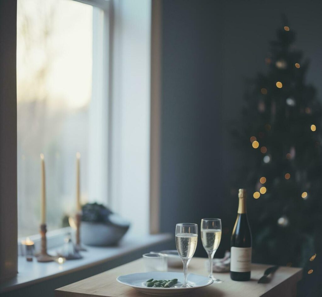 AI generated Champagne glasses with food and christmas tree in living room, interior lifestyle celebration new year aesthetic style Stock Free