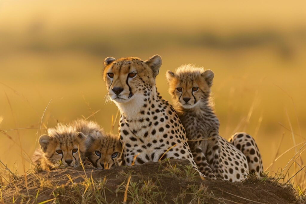 cheetah with her cubs resting on a mound in the wild, bathed in the golden light of the rising sun Ai generated Free Photo