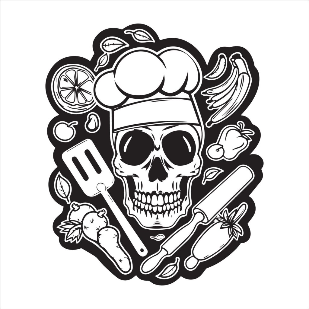 Chef skull in black and white illustration Free Vector