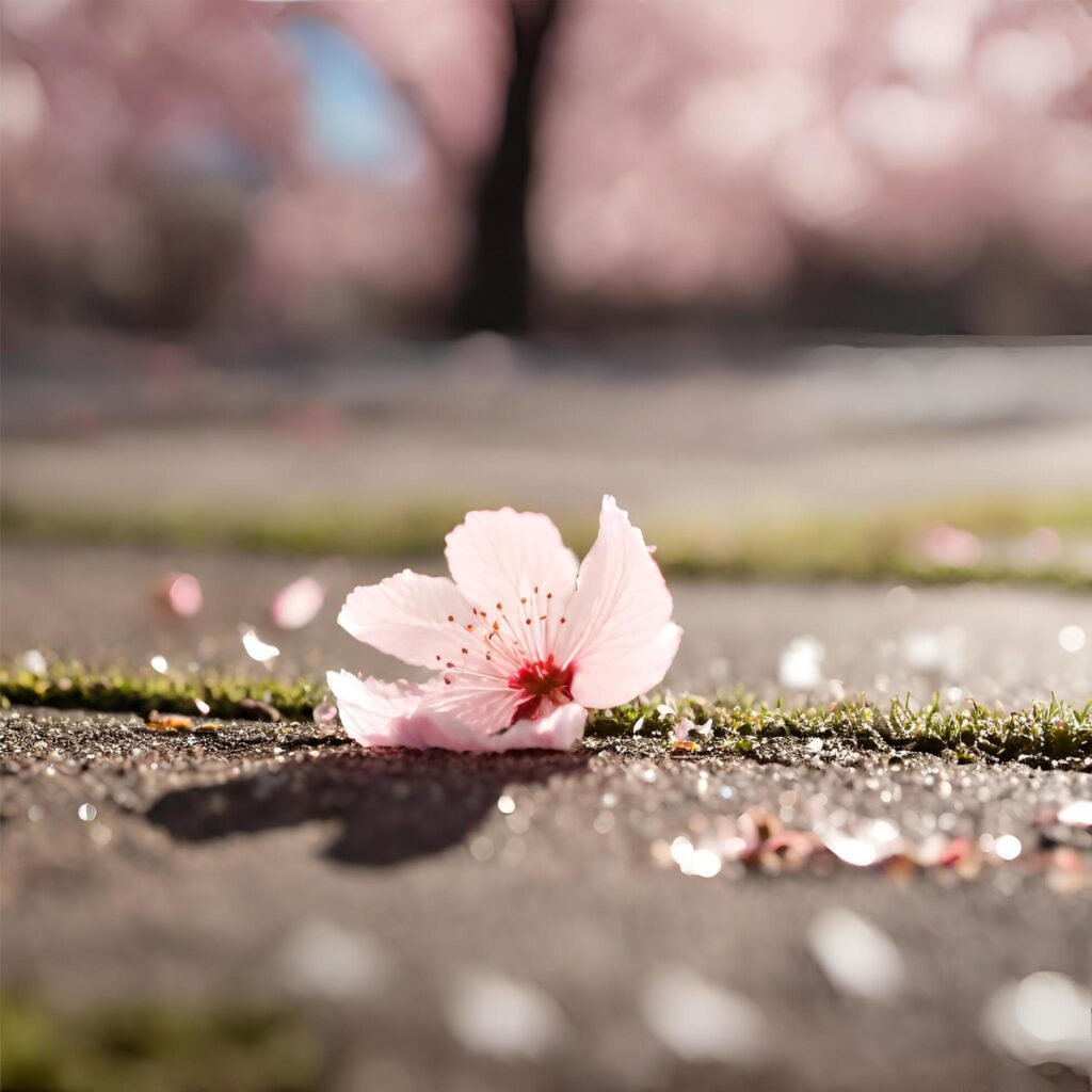 cherry blossoms falling to the ground Free Photo