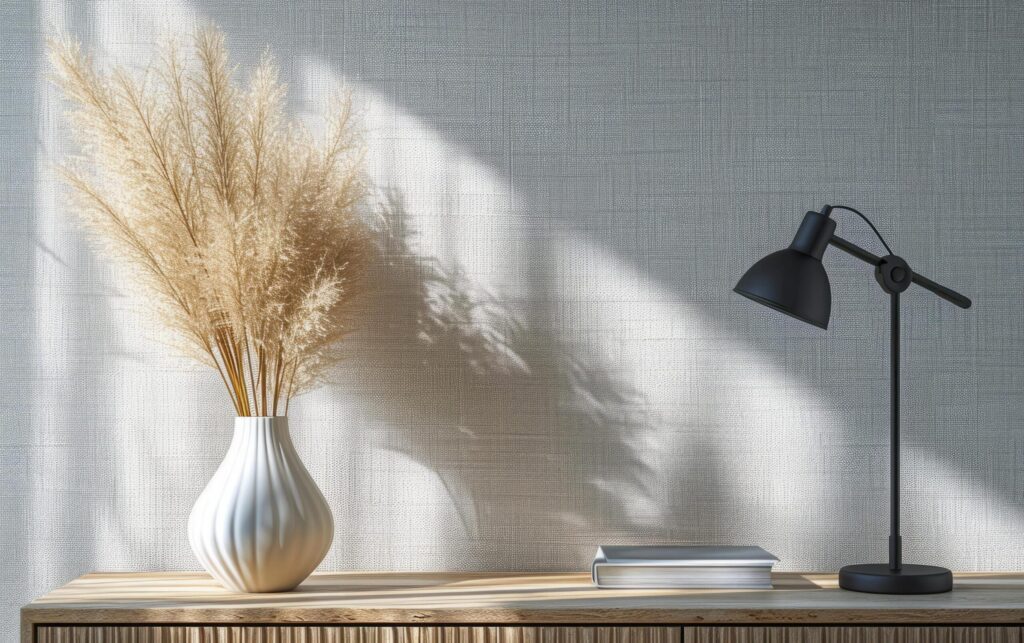 Chic Lamp and Sunlit Pampas Grass Perfectly Placed on Wooden Sideboard Free Photo