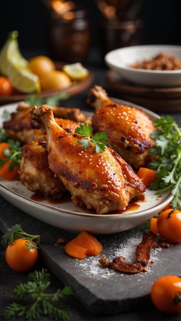 chicken legs with sauce and vegetables on a plate Free Photo