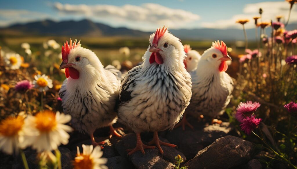 Chickens roam freely in the green meadow, enjoying nature generated by AI Free Photo