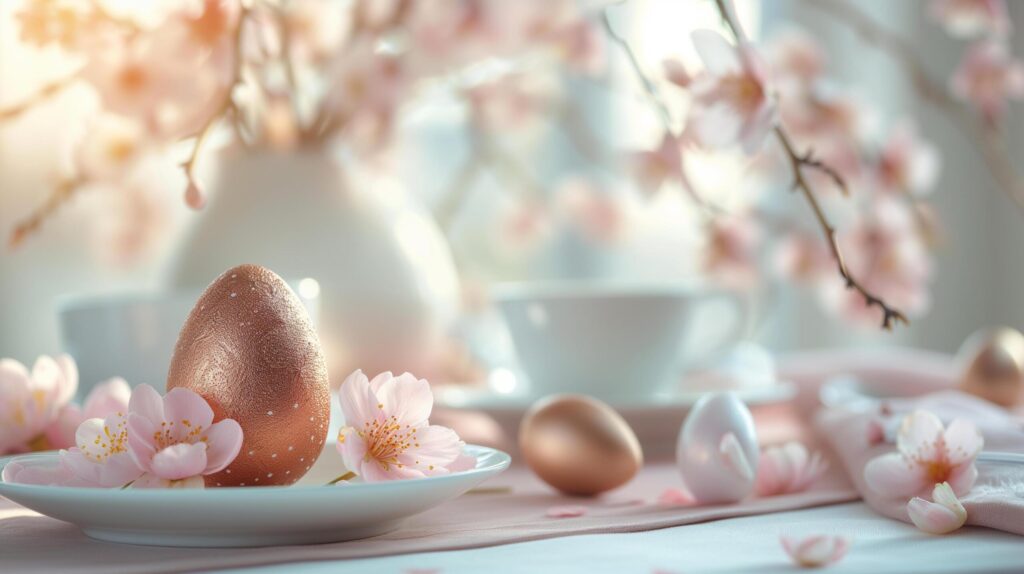 Chocolate Easter egg on a colorful Easter table decorated for the party. Free Photo