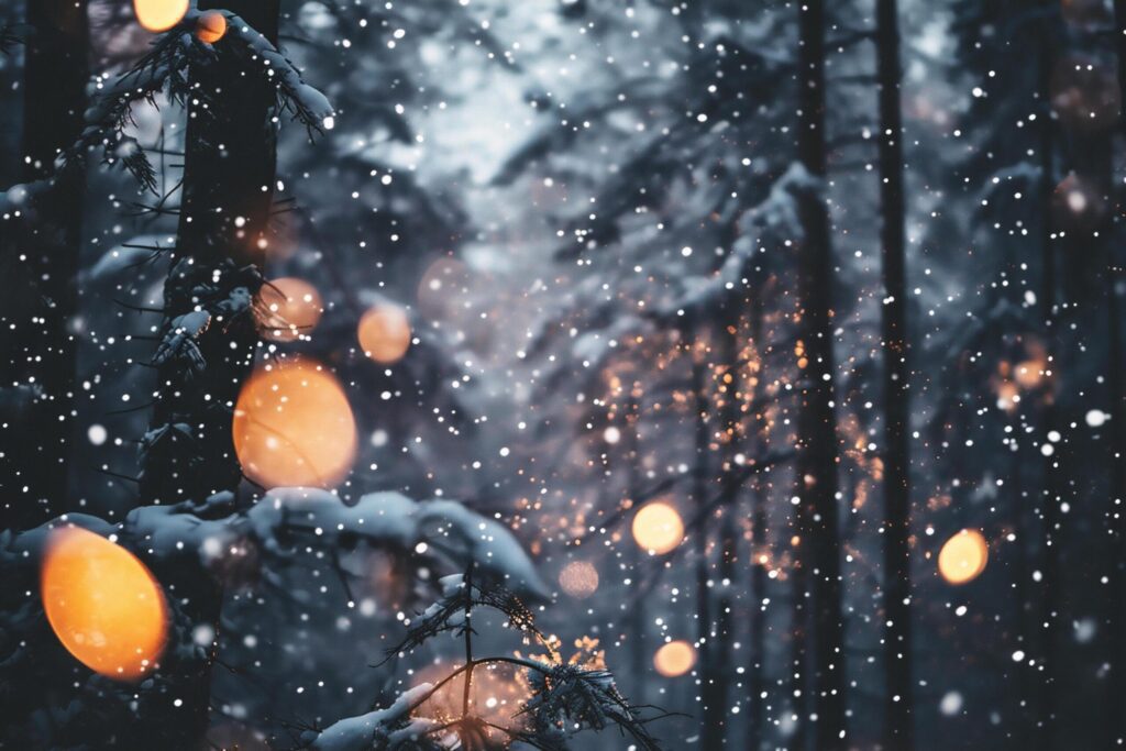 Christmas and New Year background with bokeh lights and snowfall Free Photo