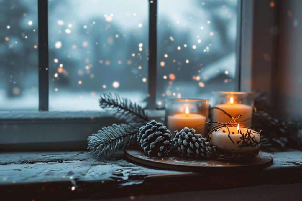 Christmas decoration with burning candles and fir branches on the windowsill. Free Photo