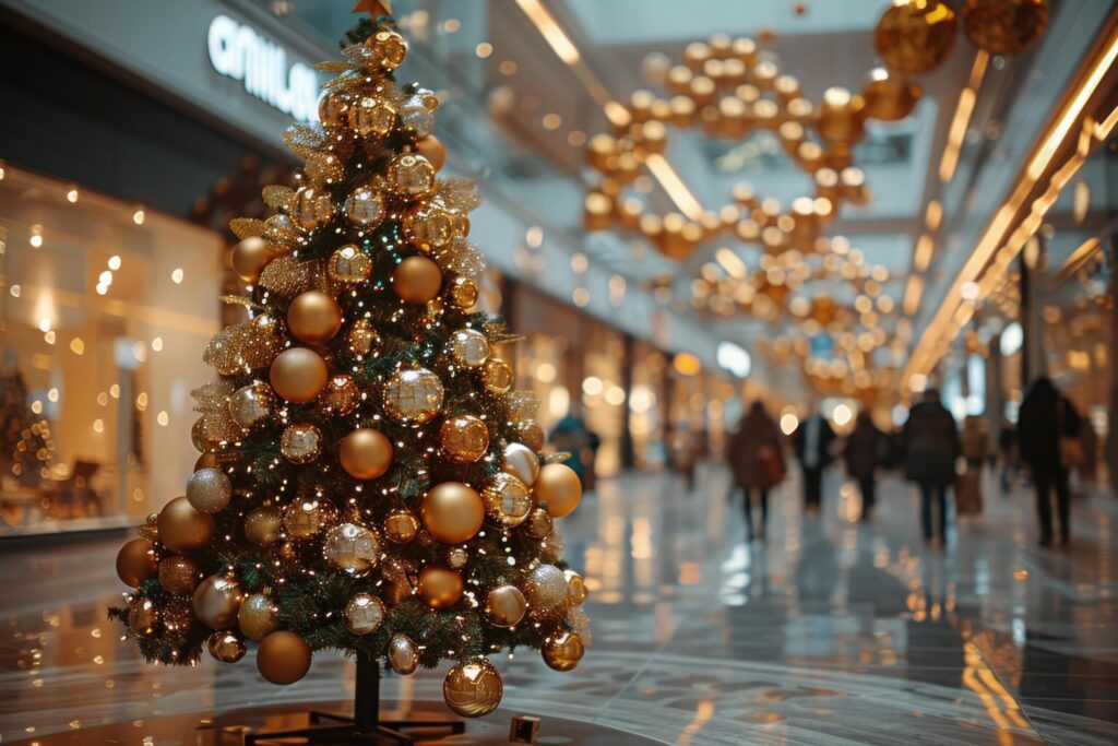 Christmas Tree in Mall With People Walking Around Free Photo