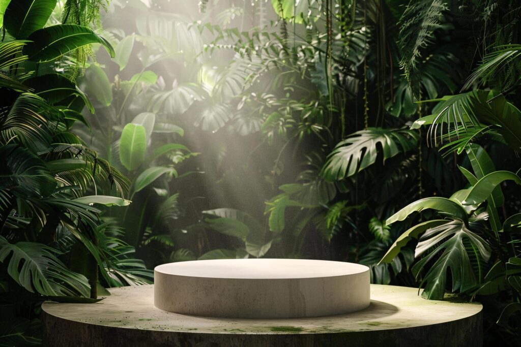 circular product podium presentation with jungle tropical plants background Free Photo