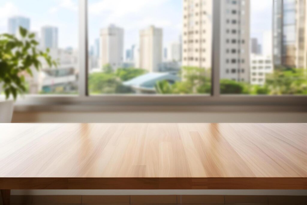 AI generated Cityscape Blur Background with Copy Space on Empty Table foreground Stock Free