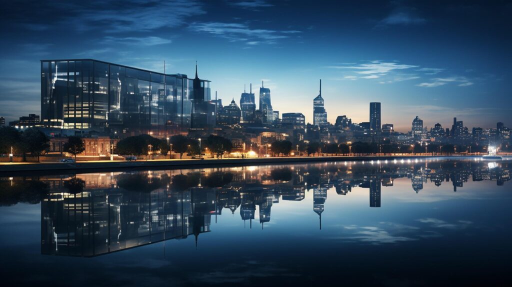 Cityscape of modern building near the river. Modern architecture office building. Skyscraper with evening sky. Free Photo