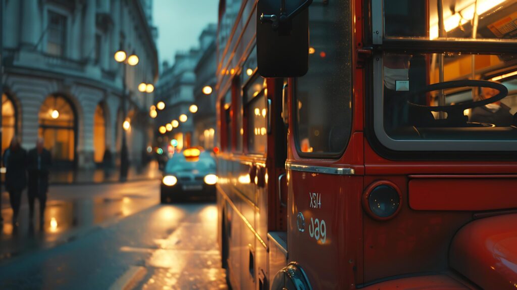 Classic Red Double Decker Bus Drives Through Bustling London Streets in CloseUp Free Photo