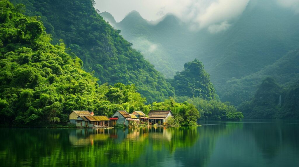 photo clear lake with The village surrounded with forest Ai Generated Free Photo