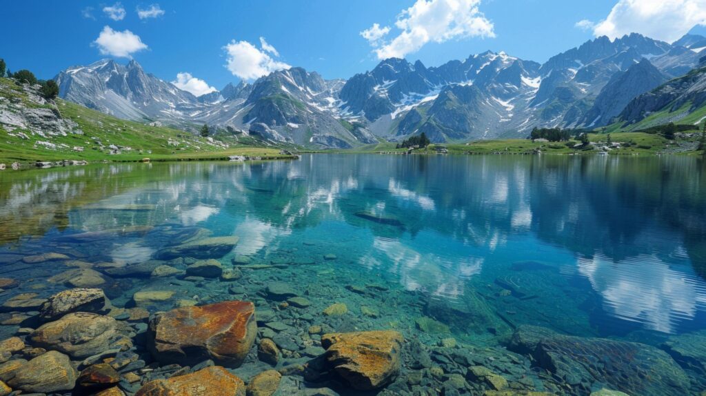 Clear Mountain Lake Surrounded by Green Mountains Free Photo