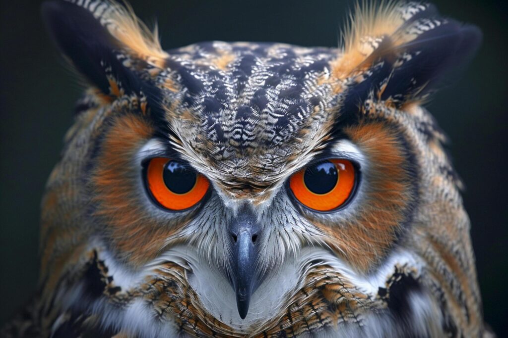 close-up image of an owl with intense, orange eyes and detailed feathers Ai generated Free Photo